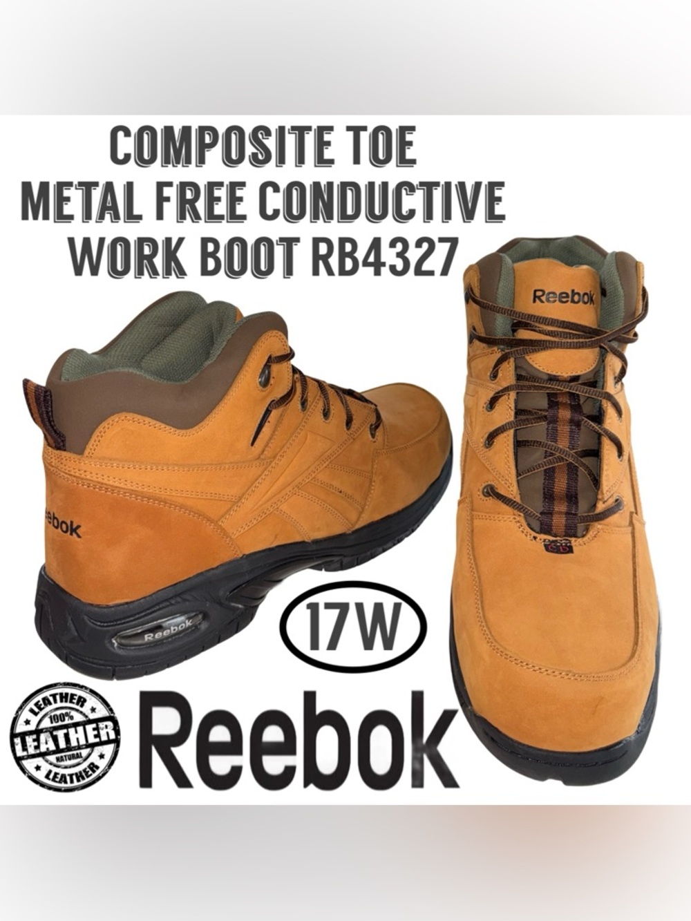 NWOB Reebok Composite Toe Metal Free Conductive Leather Work Boot RB4327 17 Wide